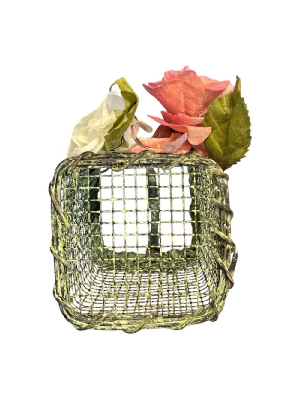 Vintage Metal Mesh Basket Purse Pink White Roses Victorian Shabby Chic Decor